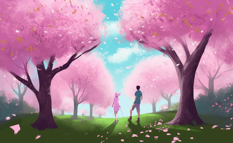 情人节樱花树下文艺插画520广告背景,插画/手绘图,插画/手绘图库,插画/手绘图下载,插画/手绘